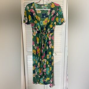 Venus Green Floral Sheer Kimono/Dress/Cover Up, Sz M, Drawstring Tie Waist